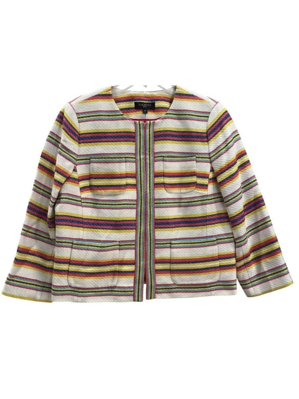 Talbots Colorful Striped Blazer 14P White Blue Sailor Chic Preppy Work Career